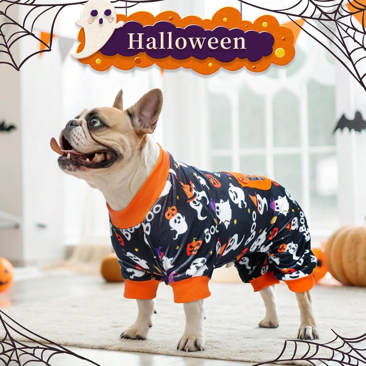 BEAUTYZOO Dog Halloween Pajamas Small Sized Dog, Fleece Funny Ghost Pumpkin Costumes for Dogs, Soft Stretchable Doggy Onesie with Feet, Pet Apparel Clothes for Small Dogs Boy Girl, Black S