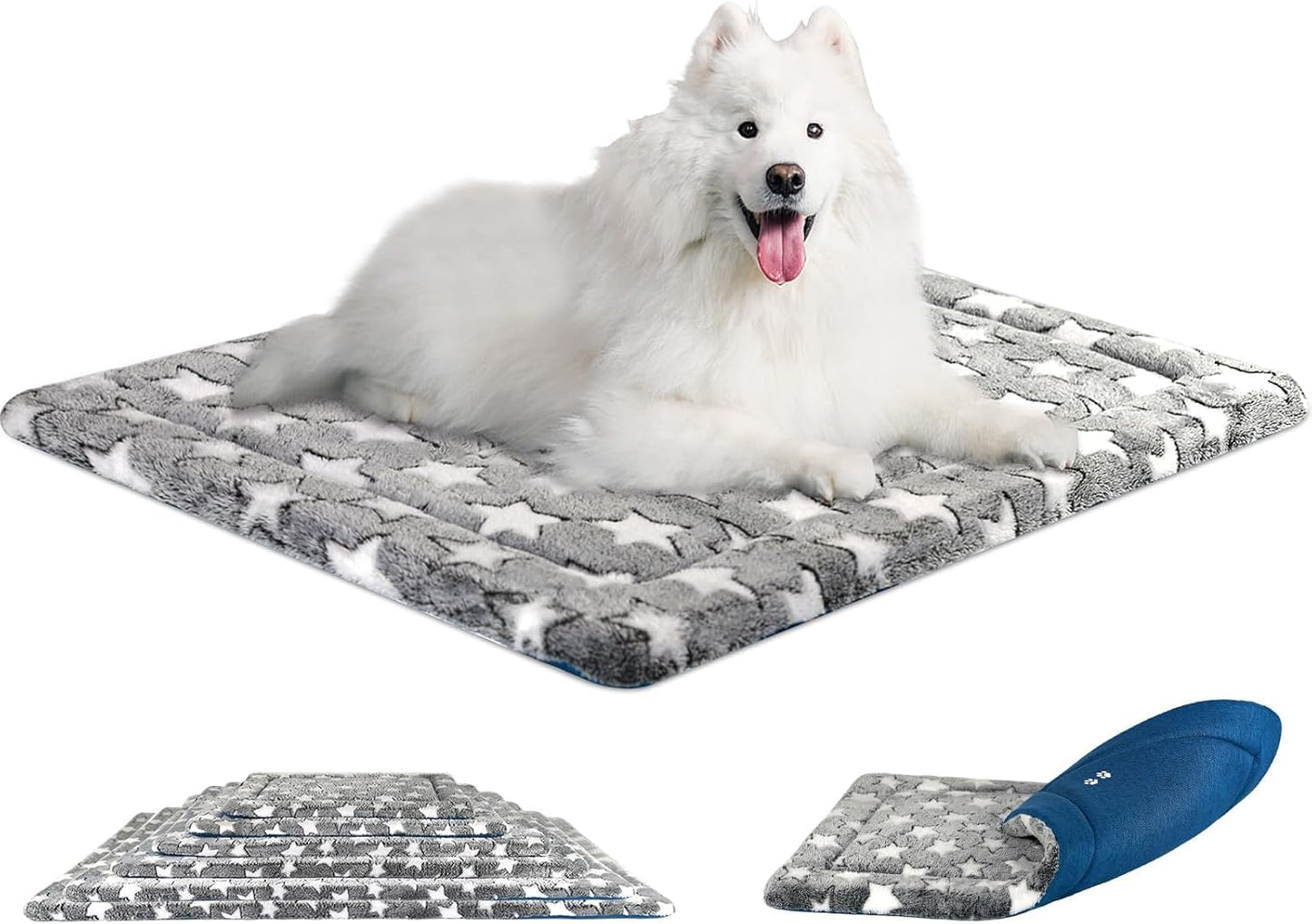KROSER Fancy Crate Pad Bed Mat Reversible (Cool & Warm), Machine Washable, for Small to XXX-Large Dogs, Grey, Navy, Star Pattern