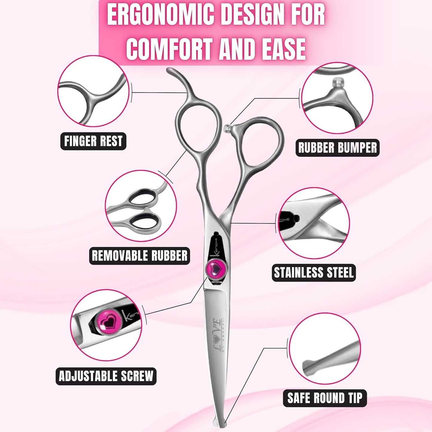 Kenchii Love Dog Grooming Scissors, 6.5 Inch Curved Balltip Shears, Dog Scissors for Grooming, Professional Pet Grooming Scissors, Safety Round Tip Shears