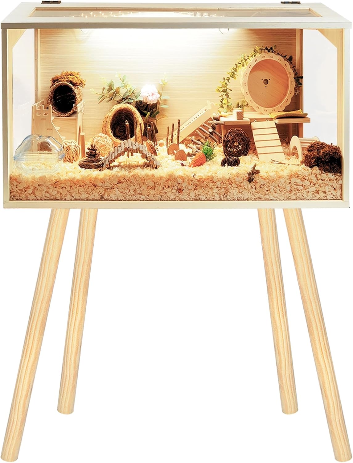 Prolee Hamster Cage Wooden Chew Proof, Extra Large Mice and Rat Habitat Openable Top with Acrylic Sheets Solid Built Small Animal Cage with Leg Stands, 24 Inch Long