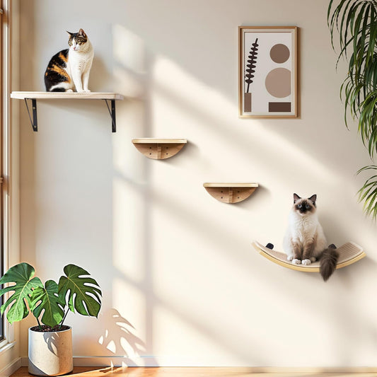 Cat Wall Shelves with Sisal Pads, 4-Piece Wooden Cats Furniture Set with Cat Window Perch, Flat Shelf & Sisal-Clad Steps for Climbing and Scratching