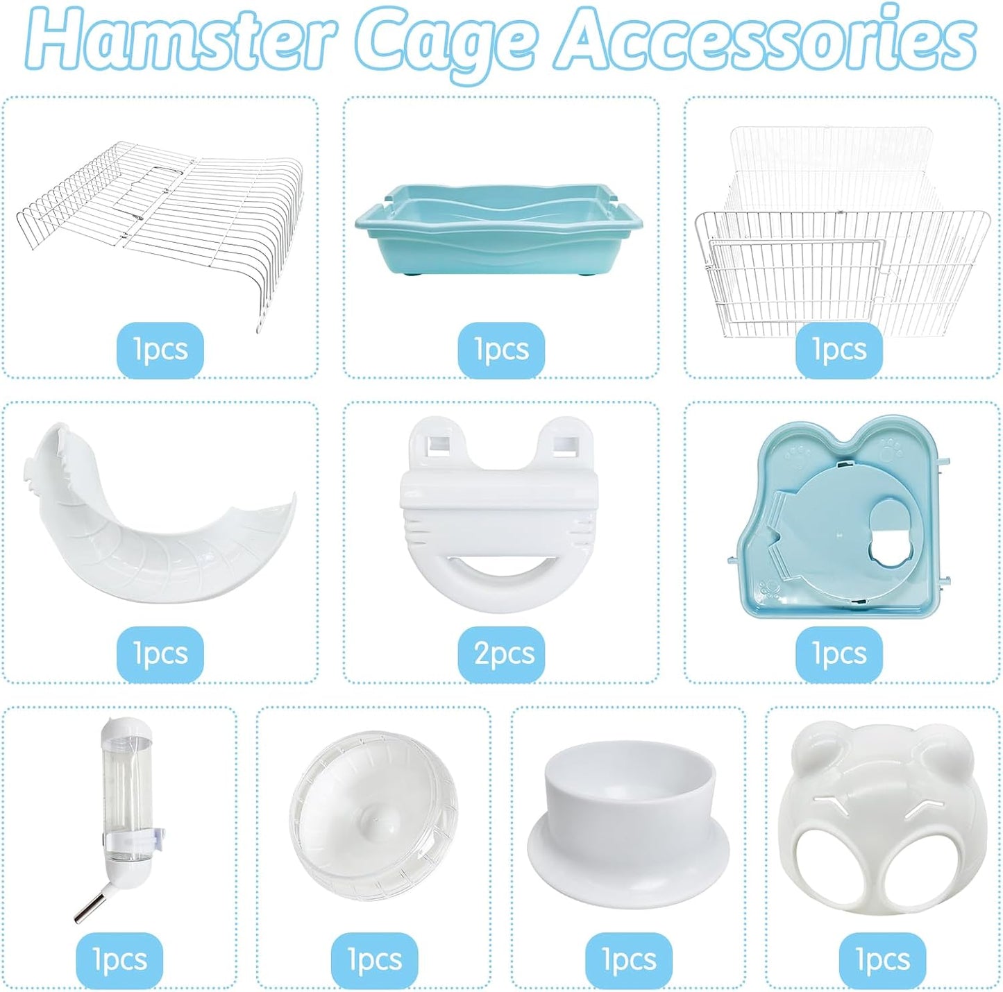 PINVNBY Dwarf Hamster Cage, Small Animal Cages, 2-Tier Travel Portable Mouse Cage Hamster Carrier with Castle House Running Exercise Wheels, Water Bottle and Food Dis（Blue）