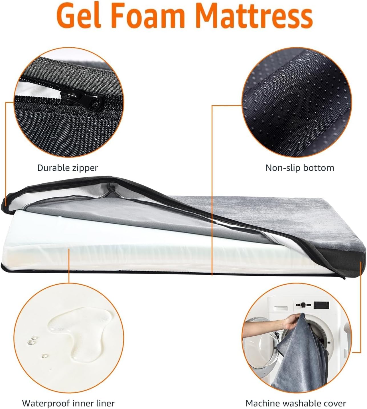 Amazon Basics Dog Bed with Cooling Gel Memory Foam, Pressure-Relief Support for Dogs up to 50lbs, Non-Slip Bottom, Machine Washable Cover, Large Sized (35" x 22"), Grey