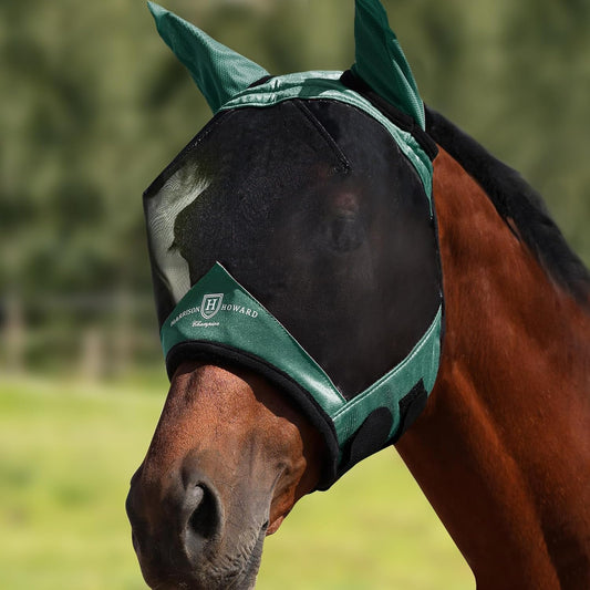 Harrison Howard Pro Luminous Horse Half Face Fly Mask Large Eye Space with Ears UV Protection for Horse Hunter Green M