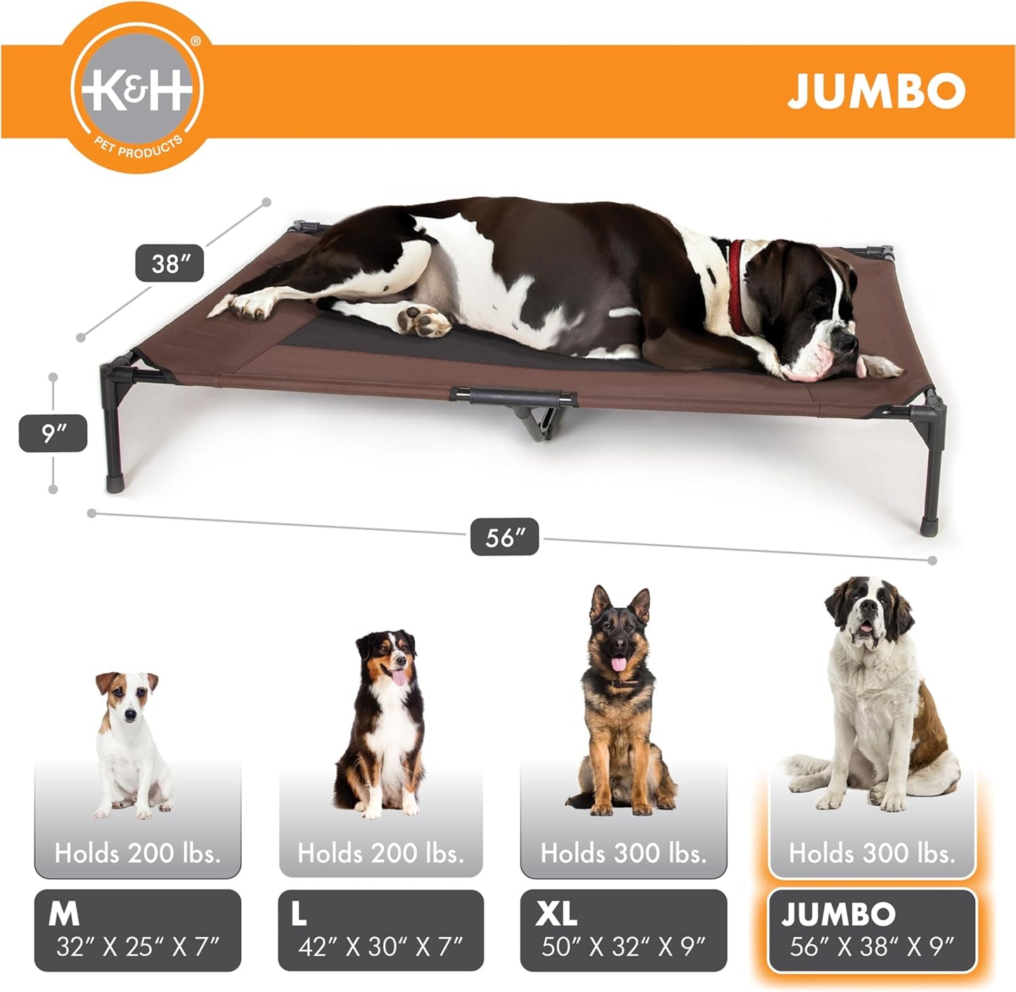 K&H Pet Products Outdoor Elevated Dog Cot, Breathable Cooling Elevated Cot Hammock Pet Bed for XL Dogs, Washable Mesh Cover, Raised Metal Frame, Collapsible, Portable - Jumbo 56 X 38in Chocolate