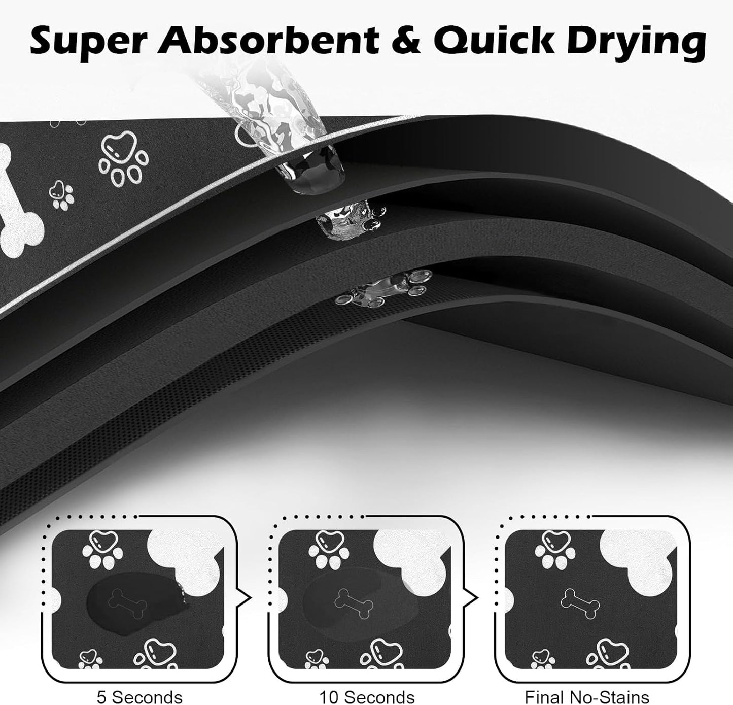 Pet Feeding Mat,Rapid Absorbent Mats for Dog Cat Food, Dog Placemat Water Bowl Mat with Rubber Backing,Messy Drinkers to Protect Floors, Pet Accessories 12"x18" Black