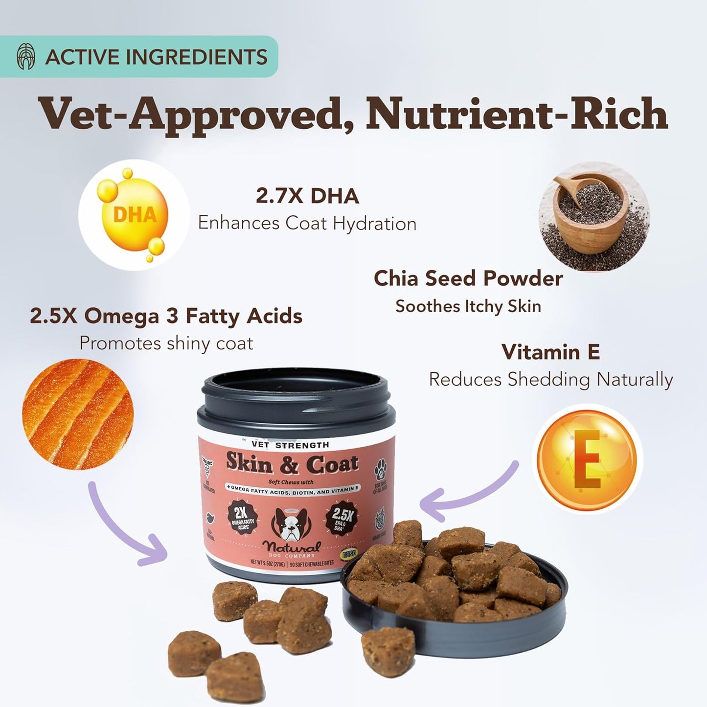 Natural Dog Company Vet Strength Omega Skin & Coat Chews for Dogs – Supports Itchy Skin Relief, Moisture Balance & Coat Hydration, Biotin & Vitamin E, Dry Skin Care, Vet-Recommended, USA Made, 90 Ct