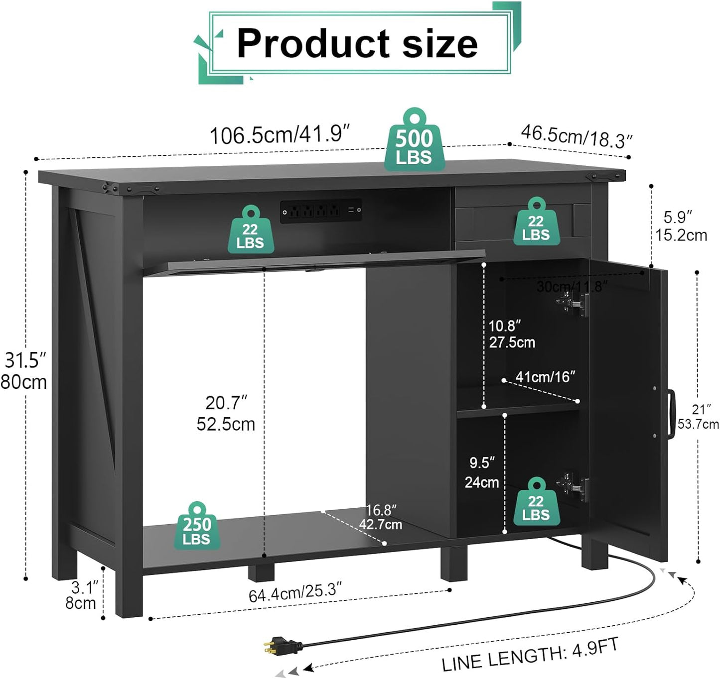 40 Gallon Aquarium Stand With Charging Station, Farmhouse Fish Tank Stand, Reptile Tank Stand Terrarium Stand with Drawer and Cabinet Storage, Sturdy Heavy Duty 41.9"×18.3" Tabletop - Black
