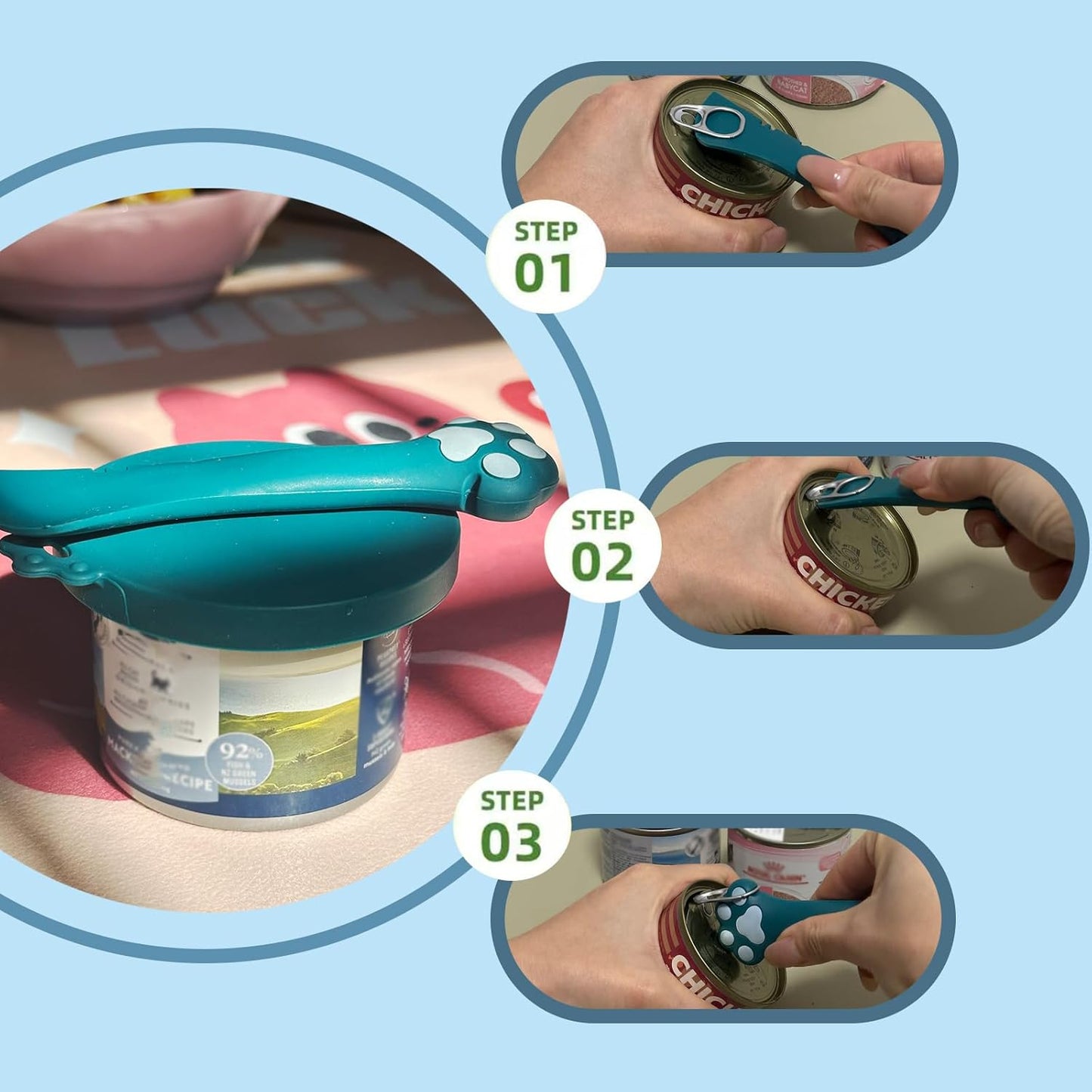 Pet Can Opener & 3 Pcs Cat Food Can Lids | Universal BPA Free Silicone Can Covers & Multi-Function Wet Food Spoon for Cat and Dog Food(Dark Blue)