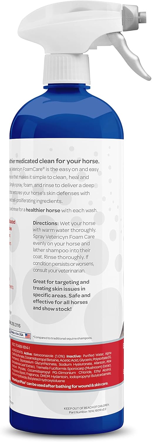 Vetericyn FoamCare Medicated Horse Shampoo | Sprayable Equine Shampoo with Ketoconazole for Healing Relief from Itchy Skin, Fungal Issues, Ring Worm, and More. 32 fl oz.