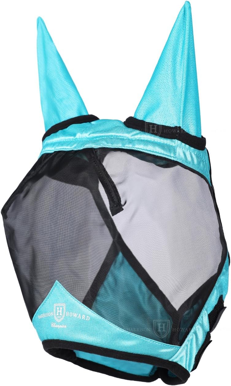 Harrison Howard Pro Luminous Horse Half Face Fly Mask Large Eye Space with Ears UV Protection for Horse Teal M