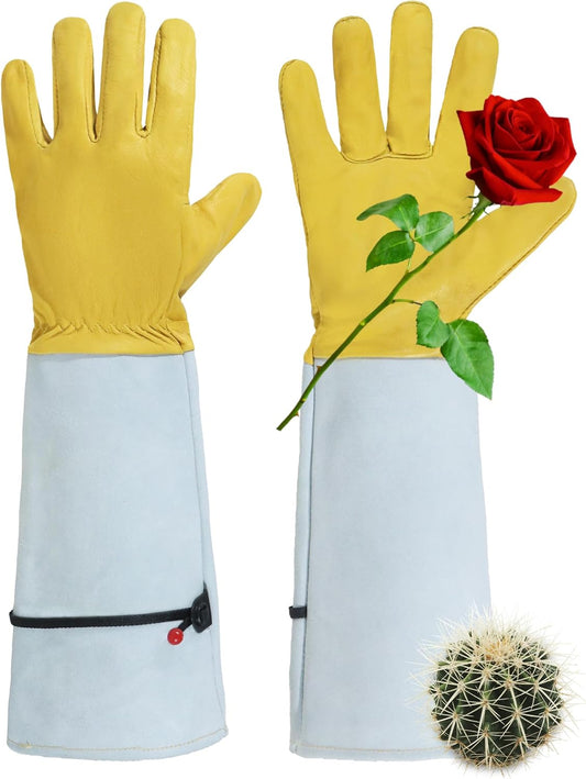 HANDLANDY Rose Gloves for Men & Women, Long Leather Gardening Gloves Thorn Proof, Best Garden Gifts & Tools for Gardener (Yellow-beige, Large (Pack of 1))