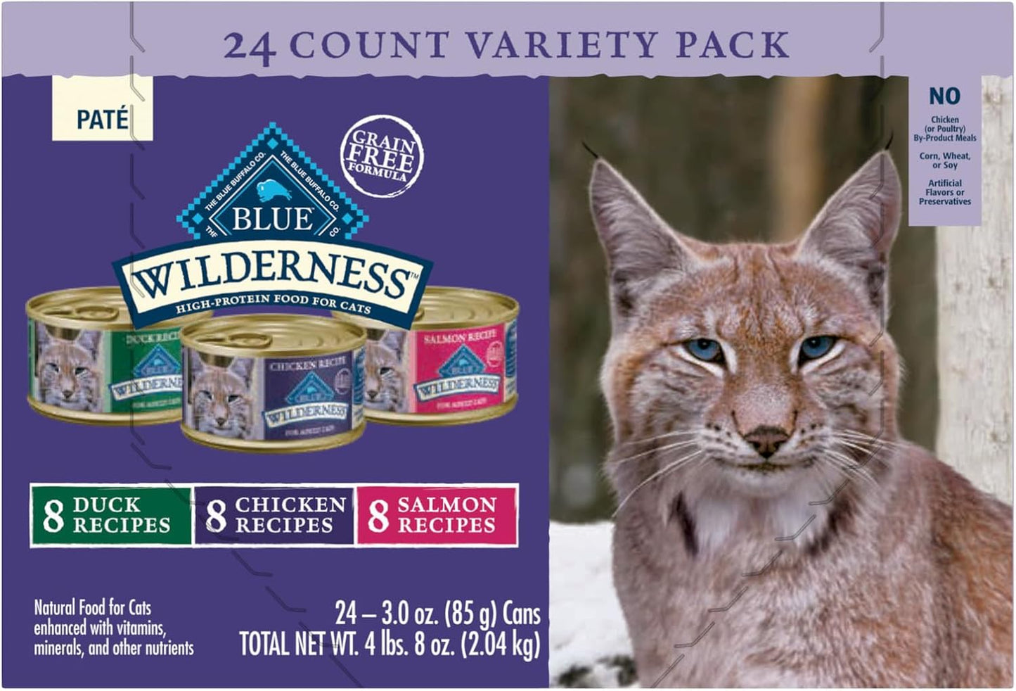 Blue Buffalo Wilderness High Protein, Natural Adult Pate Wet Cat Food Variety Pack, Chicken, Salmon, Duck 3-oz cans (24 Count- 8 of Each Flavor)