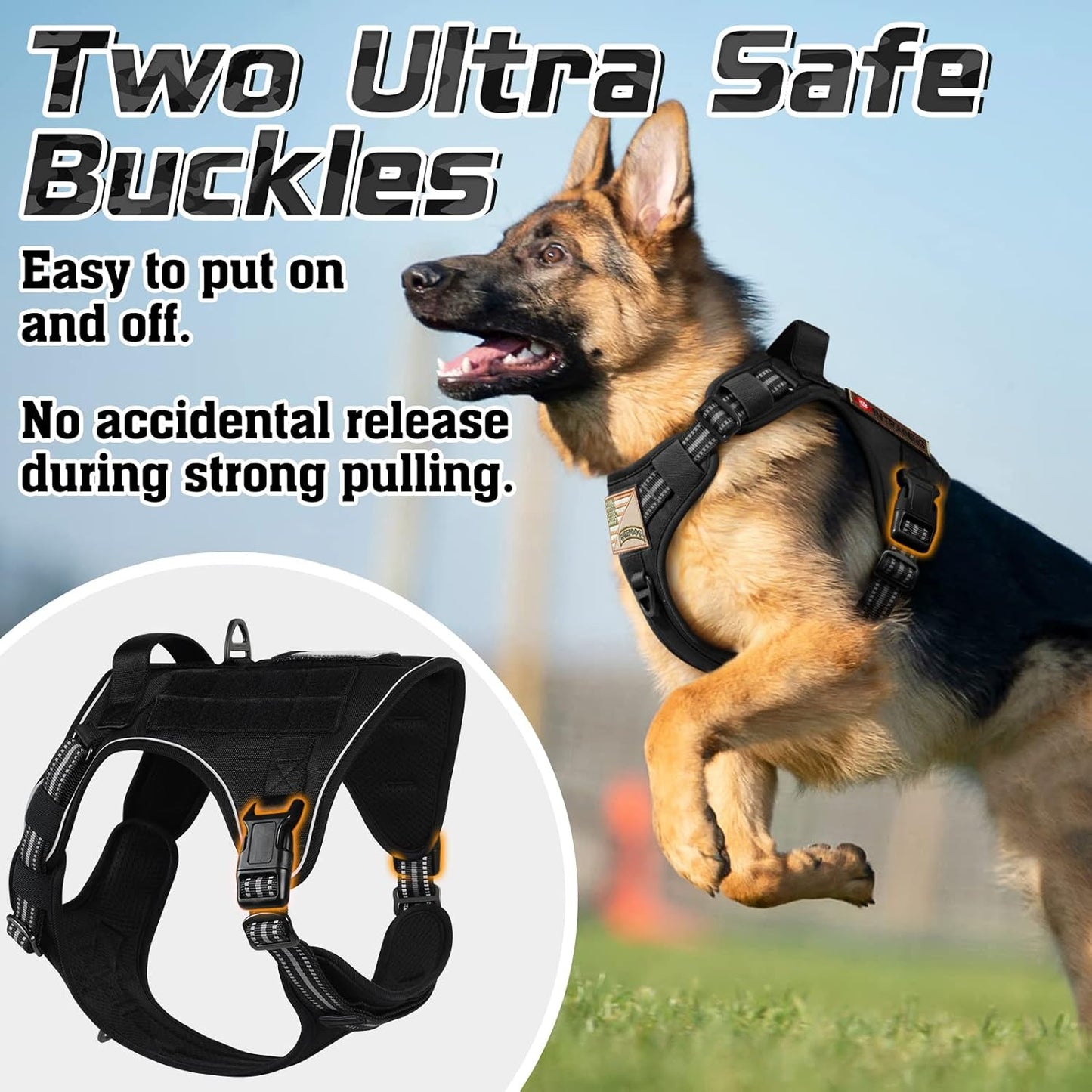 rabbitgoo Tactical Dog Harness for Large Dogs, No Pull Military Service Vest with Handle & Molle, Easy Control for Training Walking, Adjustable Reflective Straps, Black, XL