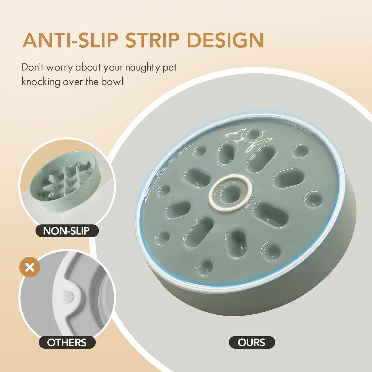 Ceramic Raised Slow Feeder Dog Bowl Set, Elevated 5.1inch Bowl and 6.1inch Slow Pet Food Dish with Wooden Stand for Small Dog and Cat (2 x Light Green+ Stand)