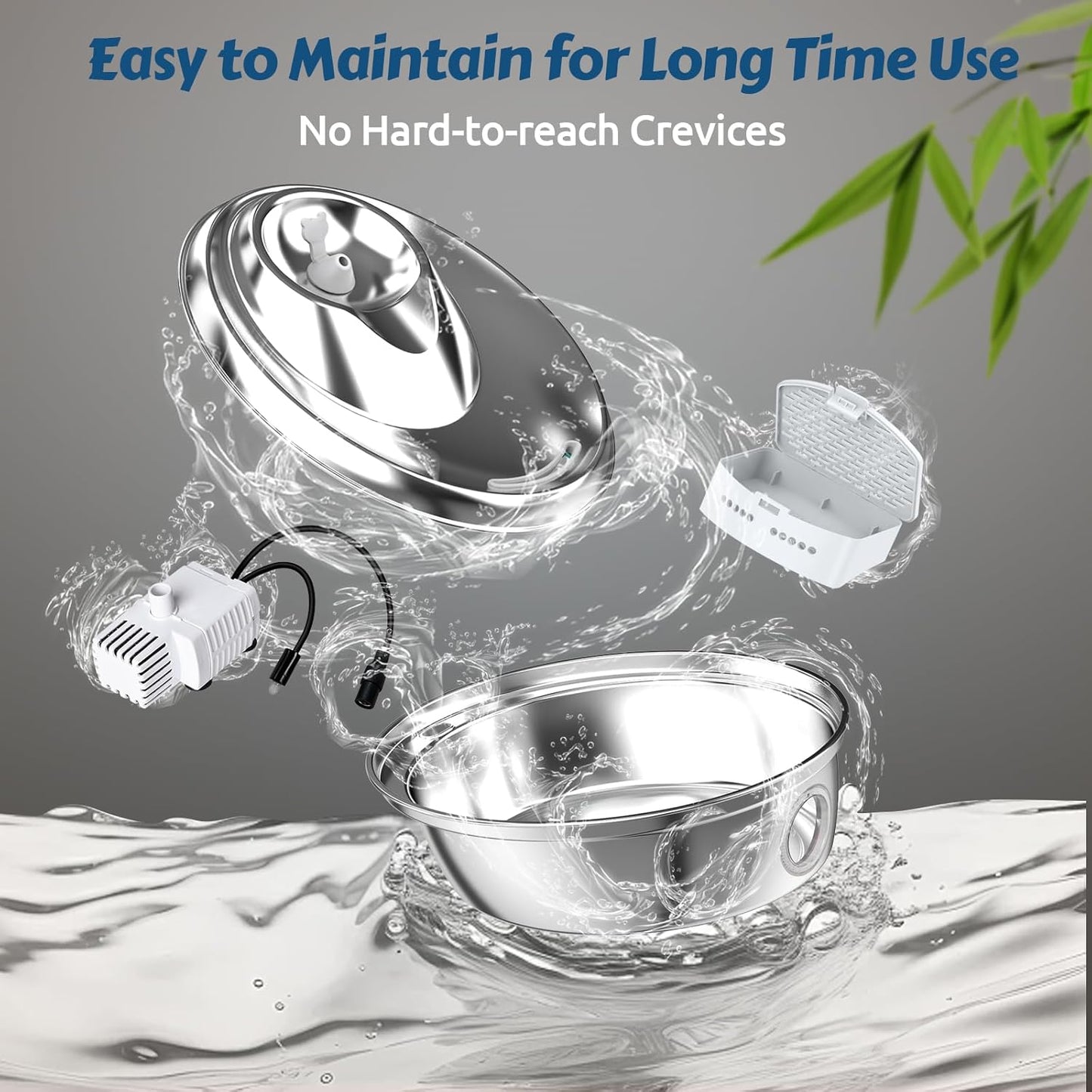 ORSDA Stainless Steel Cat Water Fountain, Automatic Pet Drinking Fountain, 67oz/2L Dog Pet Water Dispenser with Visual Water Level Window for Cats and Small Dogs- 9Pcs Filters (D36)