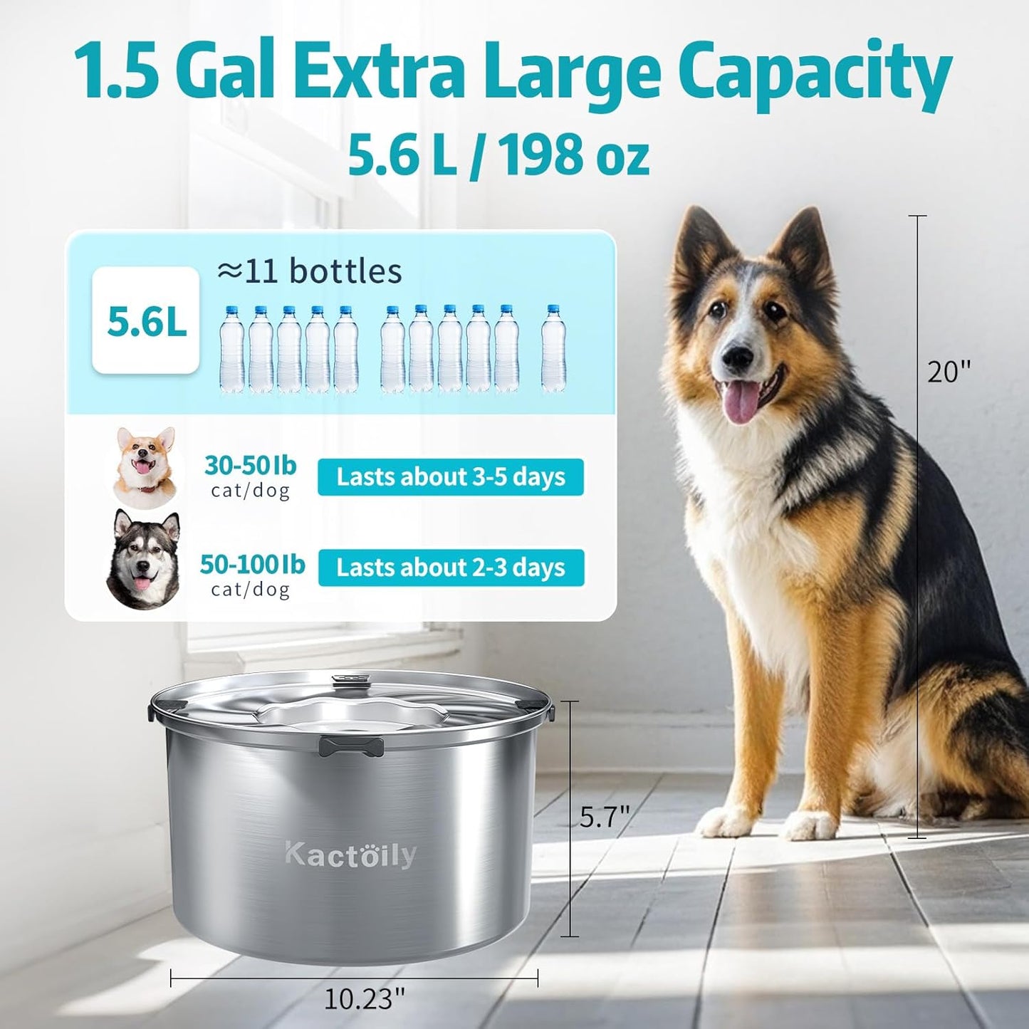 1.5 Gal Dog Water Bowl No Spill, 5.6L Stainless Steel Bowls and Non-Slip Dog Bowl Mats for Food and Water, Silicone Pet Feeding Mats for Floors Waterproof