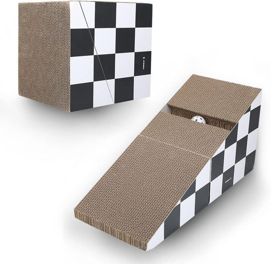 Cat Scratching Board with Ball, Triangle Cat Scratching Cardboard, Multiple Scratching Angles, 2-in-1 Scratching Lounge Bed, Recyclable and Durable, Furniture Protector, Black and White