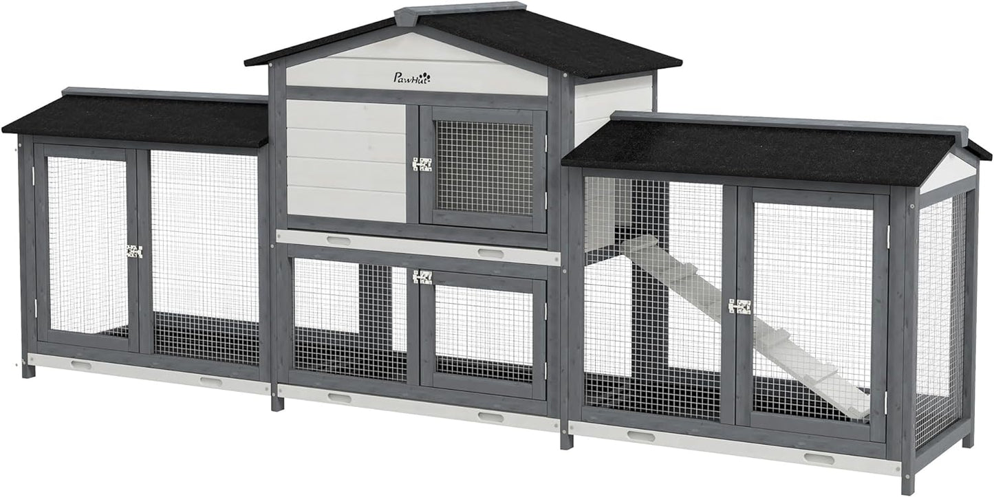 PawHut 90.5" Wooden Rabbit Hutch Bunny Cage Pet Playpen House Enclosure with Double Side Run Boxes, No Leak Tray, Ramp, for Guinea Pig and Small Animals, Light Gray