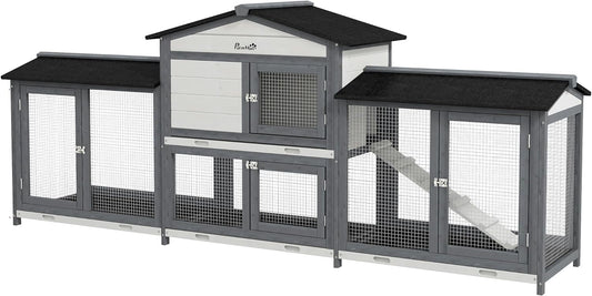 PawHut 90.5" Wooden Rabbit Hutch Bunny Cage Pet Playpen House Enclosure with Double Side Run Boxes, No Leak Tray, Ramp, for Guinea Pig and Small Animals, Light Gray
