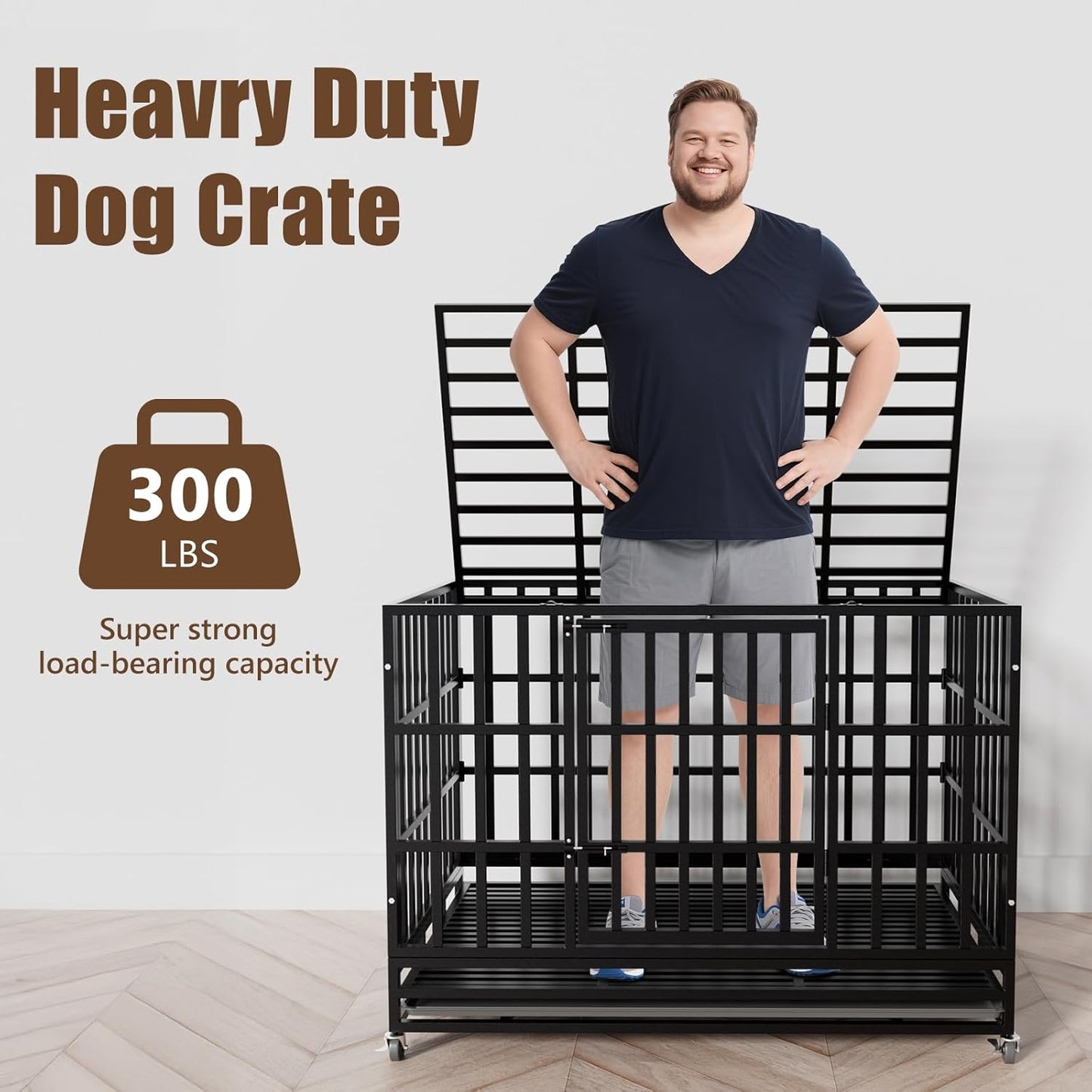 48 Inch Heavy Duty Dog Crate Kennel with Wheels, High Anxiety Indestructible Dog Crates for Large Dogs, XL XXL Extra Large Dog Crate with Removable Plastic Tray, Two Locks (Black, Square)
