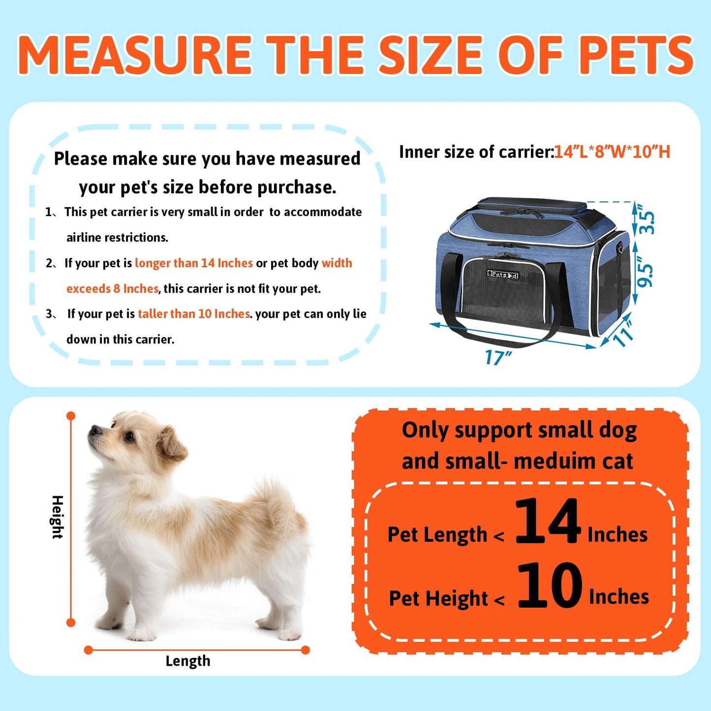 Petskd Top-Expandable Pet Carrier 17x11x9.5 Inches Alaska Airline Approved, Soft-Sided Carrier for Small Cats and Dogs with Locking Safety Zippers and Anti-Scratch Mesh(Blue)