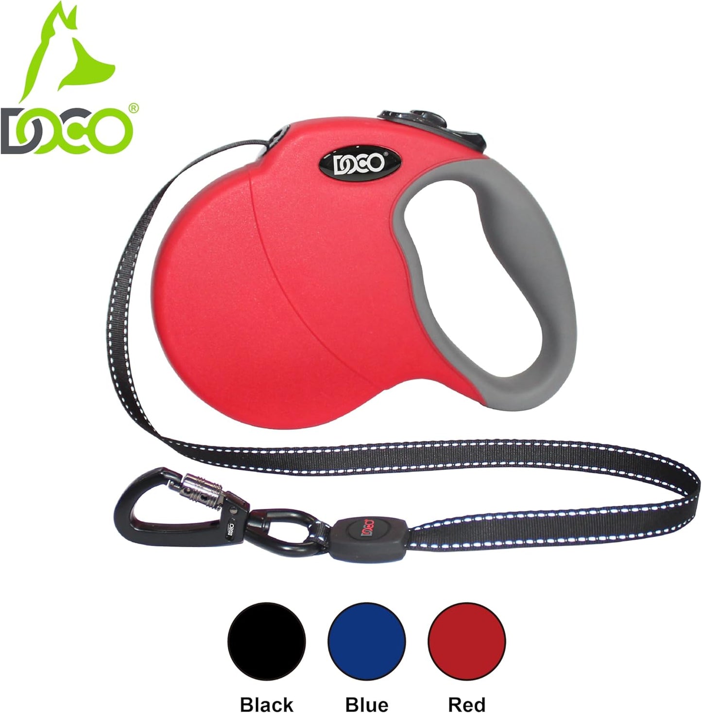 DOCO Retractable Dog Leash for Large Dogs (Length - 16’, Weight - Upto 45lb) Reflective Tape Lead with Stop and Lock Control, Tangle Free 360° Swivel Snap & Anti-Slip Grip (Black, Medium)