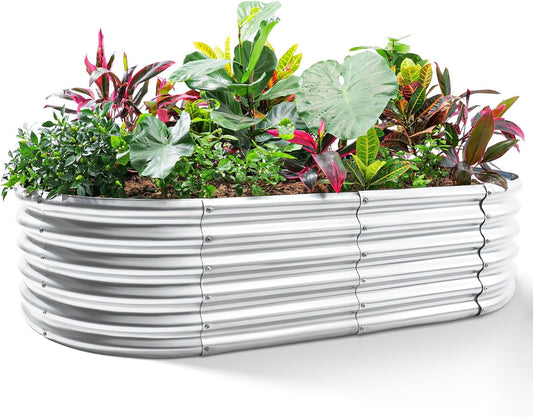 Land Guard Galvanized Metal Raised Garden Bed Kit, 8x4x1.5ft Large Planter Boxes Outdoor, Oval Gardening Box, Patio Garden Planter Box for Vegetables (Silver)