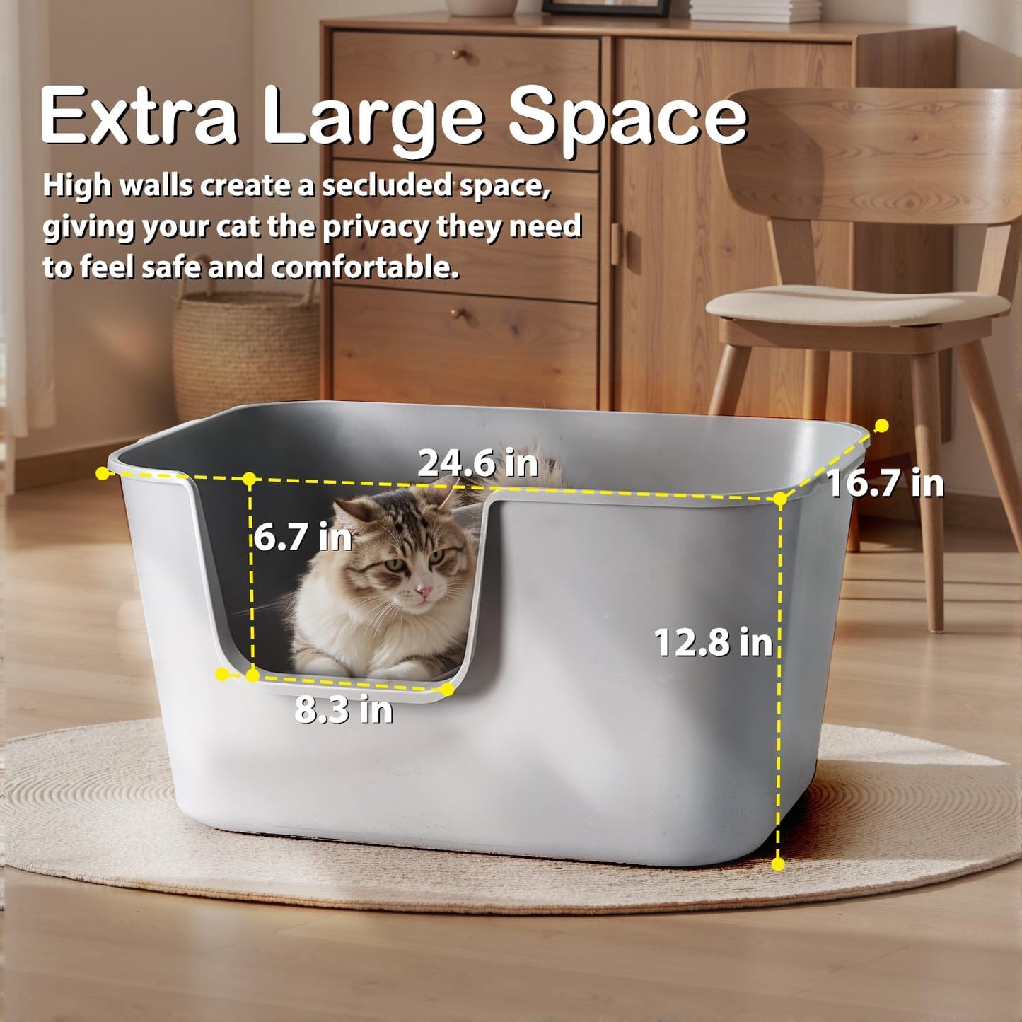 Extra Large Cat Litter Box with High Sides - Splash-Proof Design for Big Cats & Multi-Cat Homes, 24.6in x 16.7in x 12.8in (Yellow)