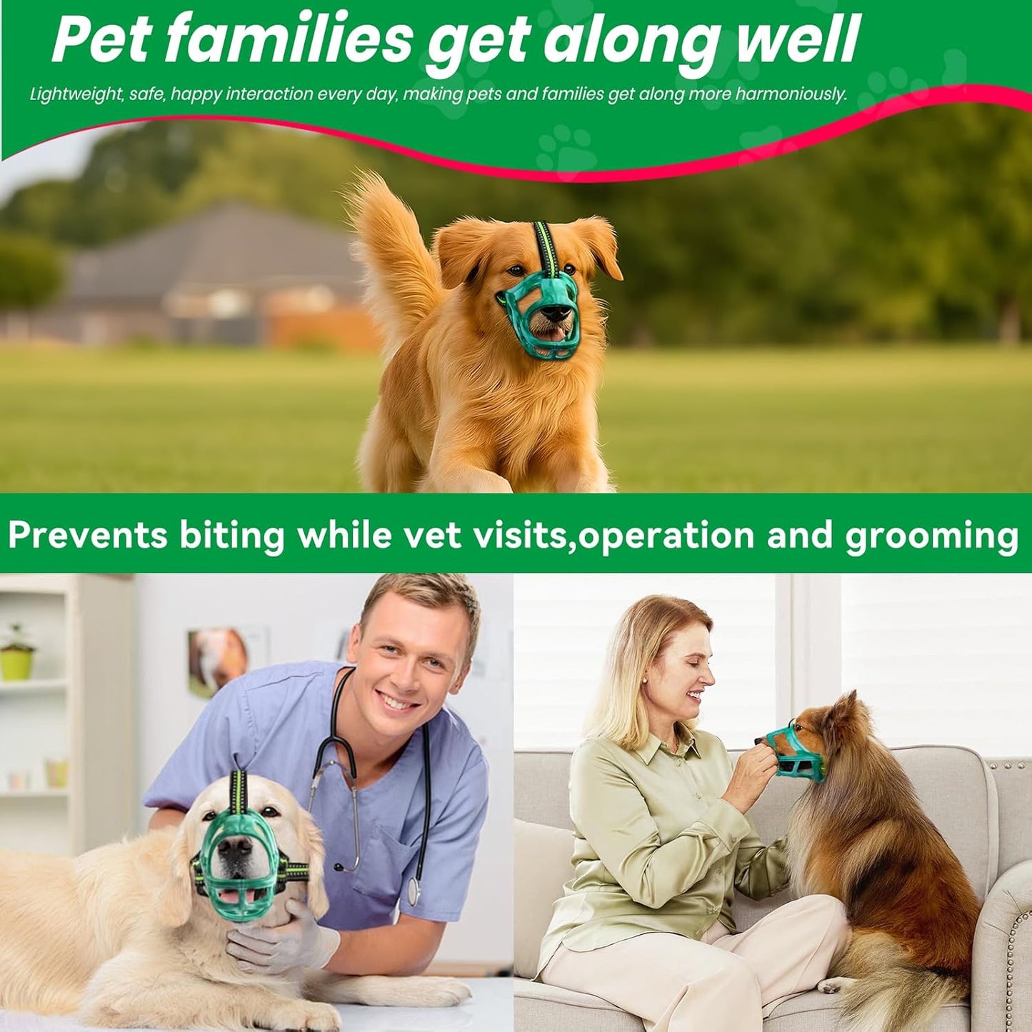 Dog Muzzle, Basket Muzzle for Small Medium Large Dogs, Anti-Biting and Chewing, Lightweight & Sturdy Cage Design, Allows Panting & Drinking, Ideal for Grooming & Training(Green Size L)