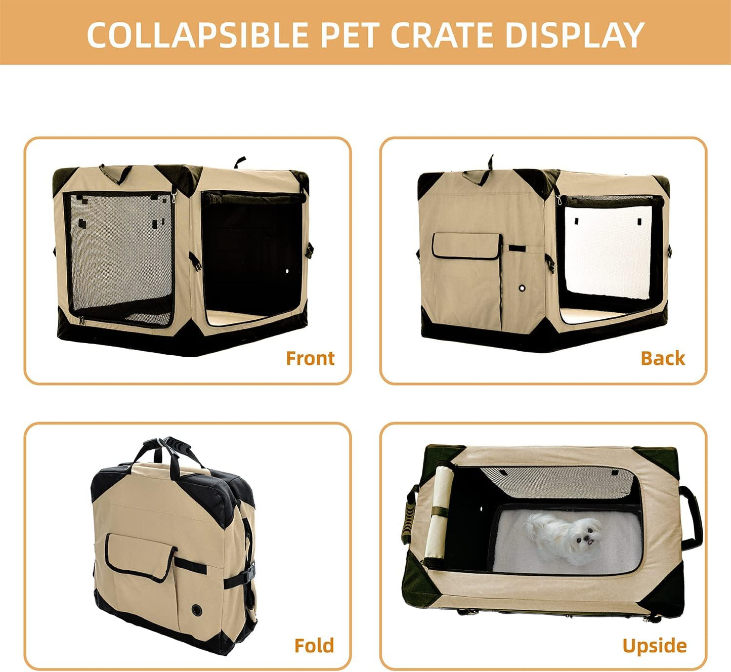 Pettycare 26 Inch Collapsible Foldable Soft Dog Kennel with Chew Proof Mesh Windows, Indoor & Outdoor Travel Dog Crate, Soft Side Dog Crate, Beige