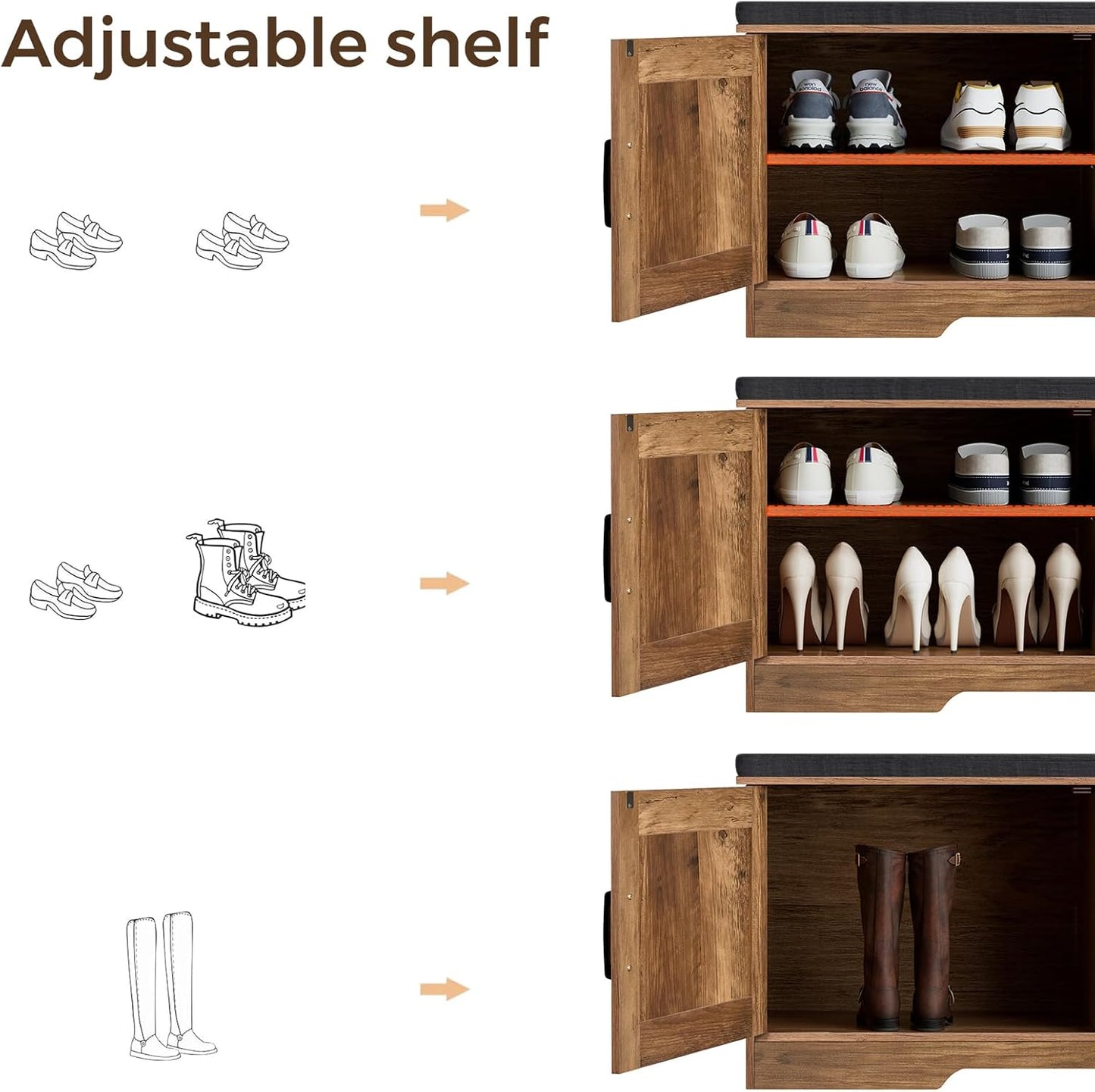 2-Tier Storage Bench, Shoe Bench with Padded Seat Cushion, Entryway Bench with 4 Barn Doors, Adjustable Shelf, 13.8" D x 47.2" W x 17.7" H, for Entryway, Living Room, Bedroom, Rustic Walnut