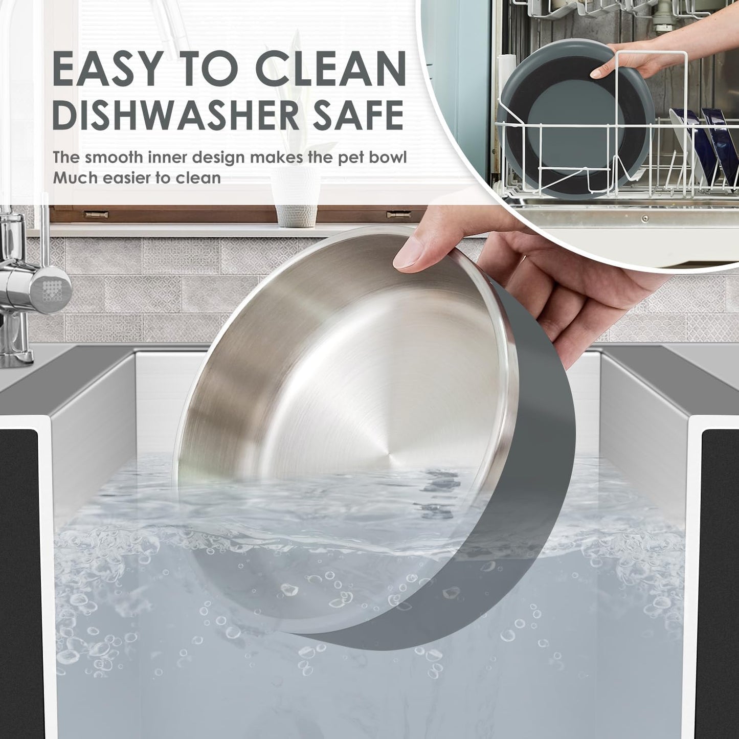 IKITCHEN Dog Bowl for Food and Water, 40 Oz Stainless Steel Pet Feeding Bowl, Durable Non-Skid Insulated Heavy Duty with Rubber Bottom for Medium Large Sized Dogs (40 Ounces/5 Cup, Grey)