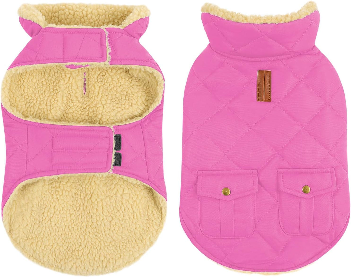 Queenmore Dog Winter Coat - Fleece Jacket, Waterproof Cold Weather Dog Clothes, Thick Warm Cotton Padding, Easy On Storage Pockets (Pink, X-Small)
