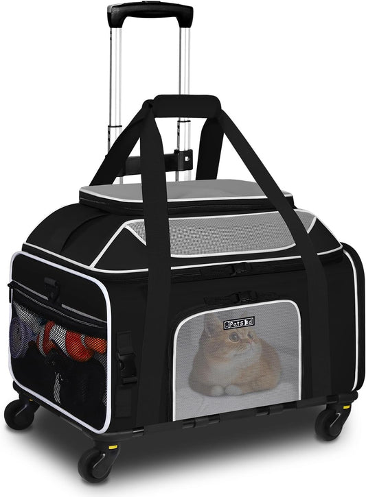 Petskd Top-Expandable Pet Carrier with Wheels 19x13x9 Inches Southwest Allegiant Airlines Approved, Soft-Sided Carrier for Small Dog Under 12 lbs and Large Cat Under 15 lbs(Black)