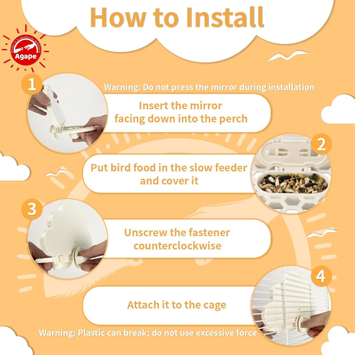 Agape Parakeet Mirror with Perch & Slow Feeder, Bird Cage Accessories for Small Parrots to Expend Energy, Bird Toys for Boredom&Anxiety, Interactive Toy for Cockatiel, Lovebird, Conure, Finch, Budgies