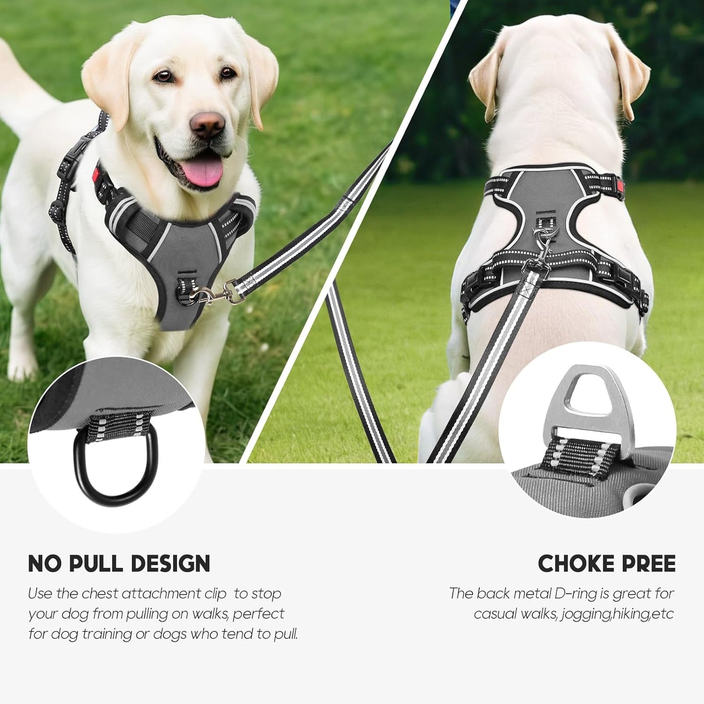 Timos Dog Harness Large Sized, No Pull with Neck Lockable Snap,No Choke Front Clip Dog Reflective Harness,Adjustable Metal Rings 3 Buckles,Easy Control Handle for Large Dogs Gray XL