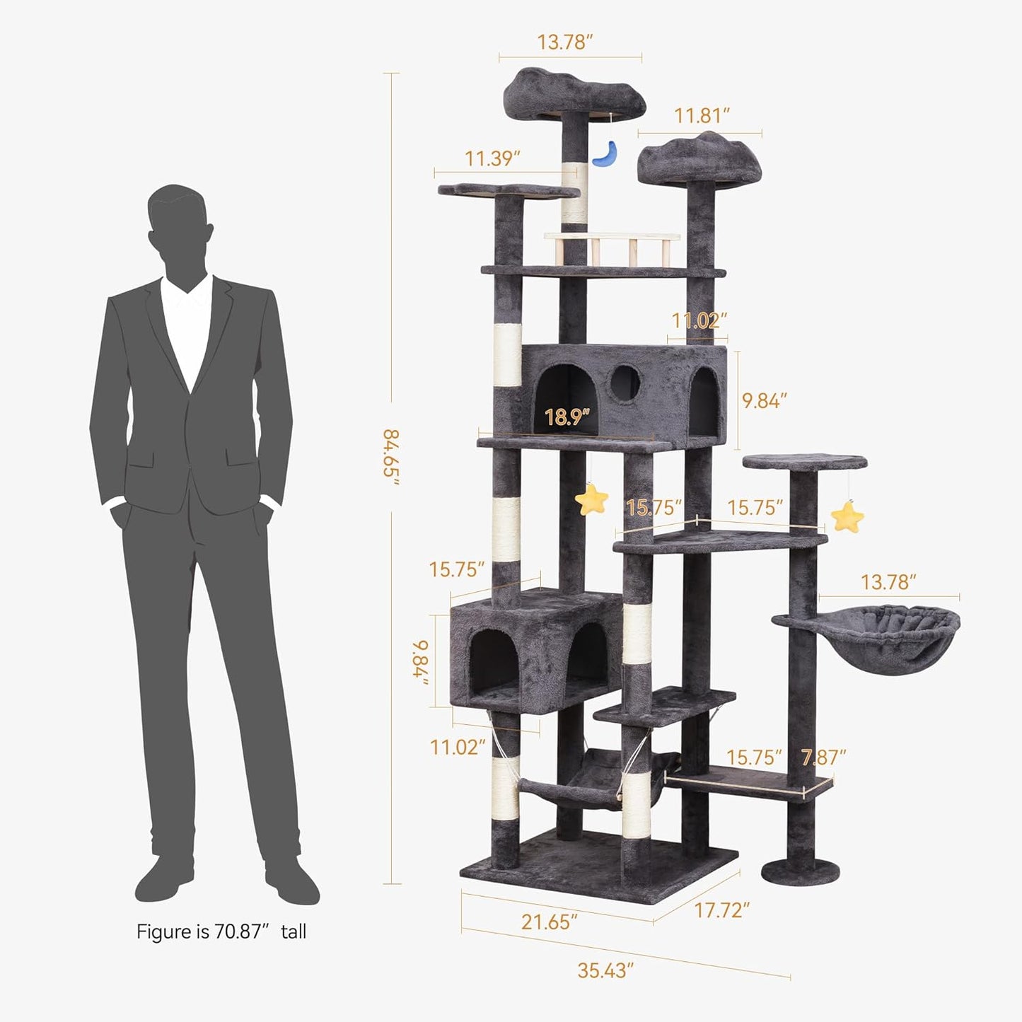 85in Giant Cat Tree for Heavy Duty Big Cats, Large Cat Trees with Scratching Post, Cat Tree Tower with Cat Condos, Hammock & Plush Perch for Maine Coon, Smoky Gray