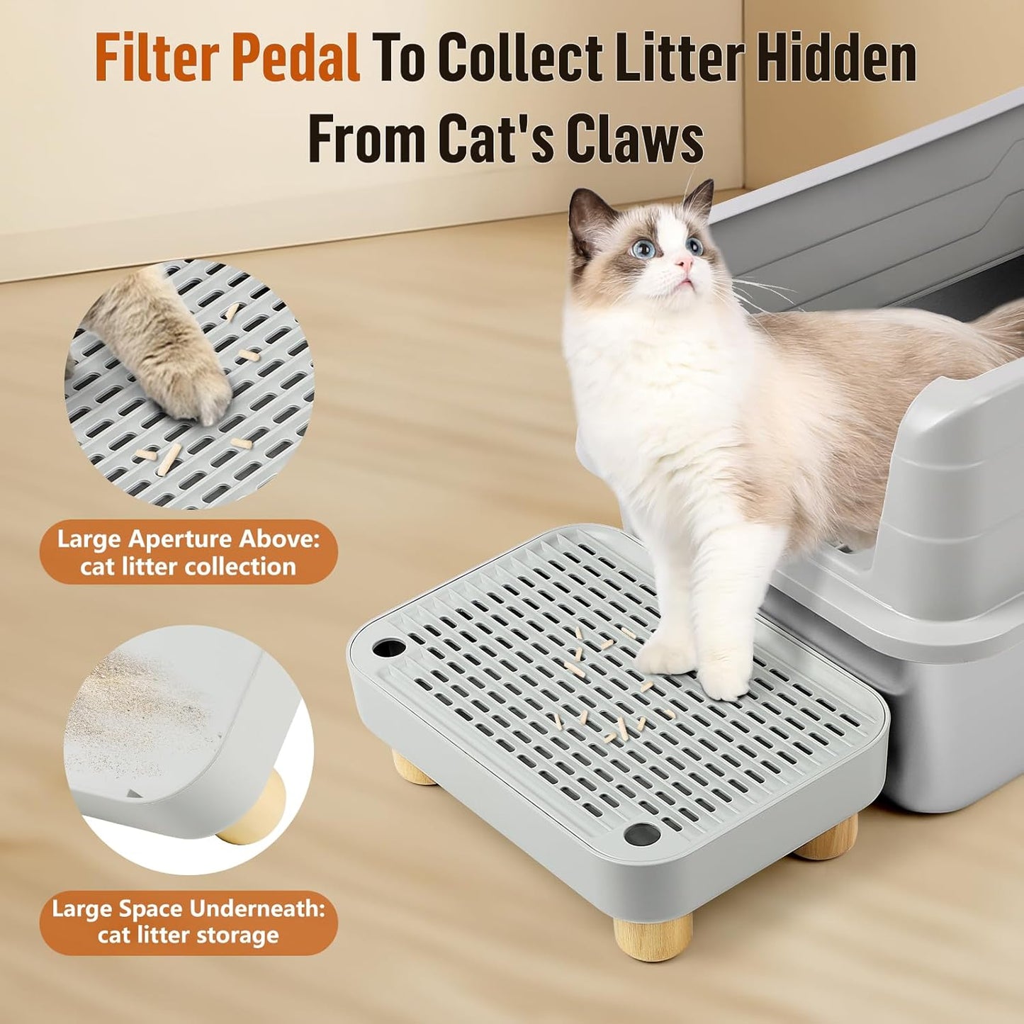 Cat Litter Box Step Ramp, Cat Litter Catcher Mat with Wooden Feet, Filter Function, Cat Pedal Stool for Self-Cleaning Cat Litter Box, Ideal for Kitten & Elderly Cats (Light Grey)