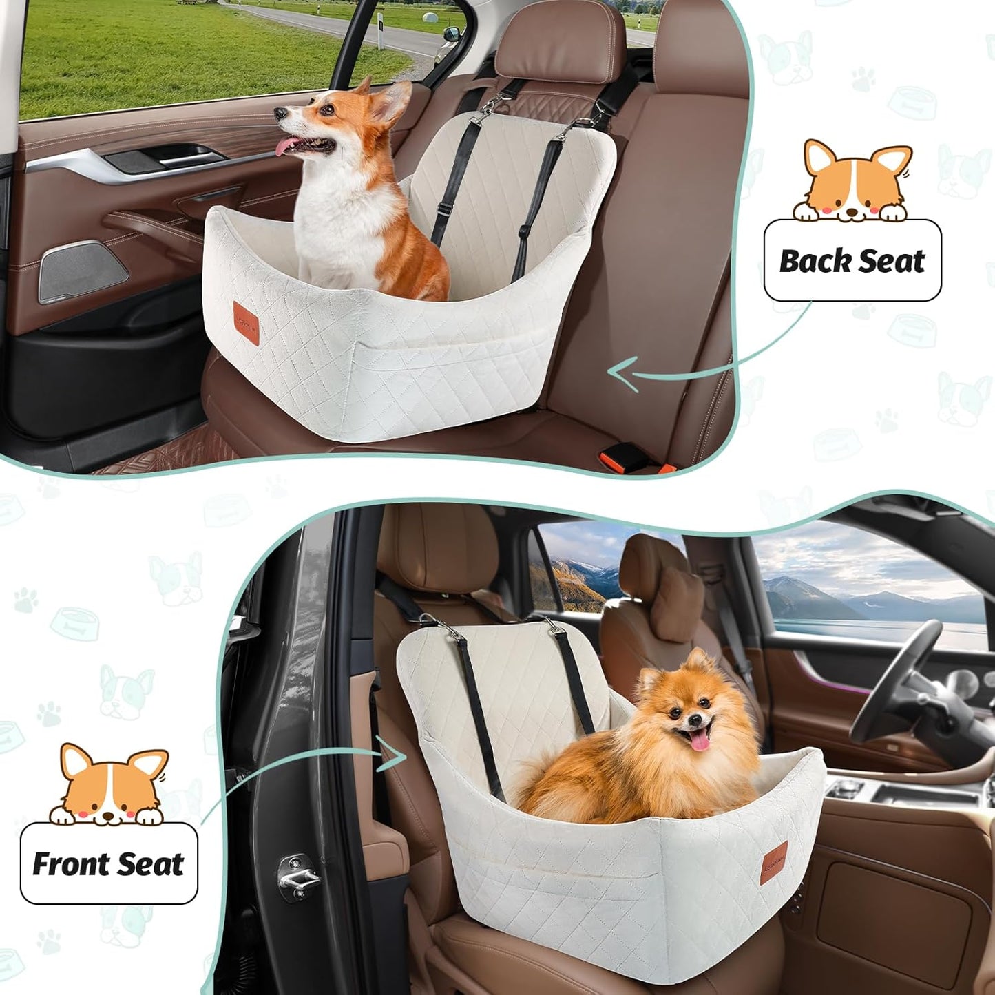 Dog Car Seat for Medium Dogs,Easy to Install with Adjustable Straps,Anti-Slip Bottom,Fully Detachable and Washable,Soft Fabric Fill in Memory Foam,Two Side Pockets(Beige,Medium)