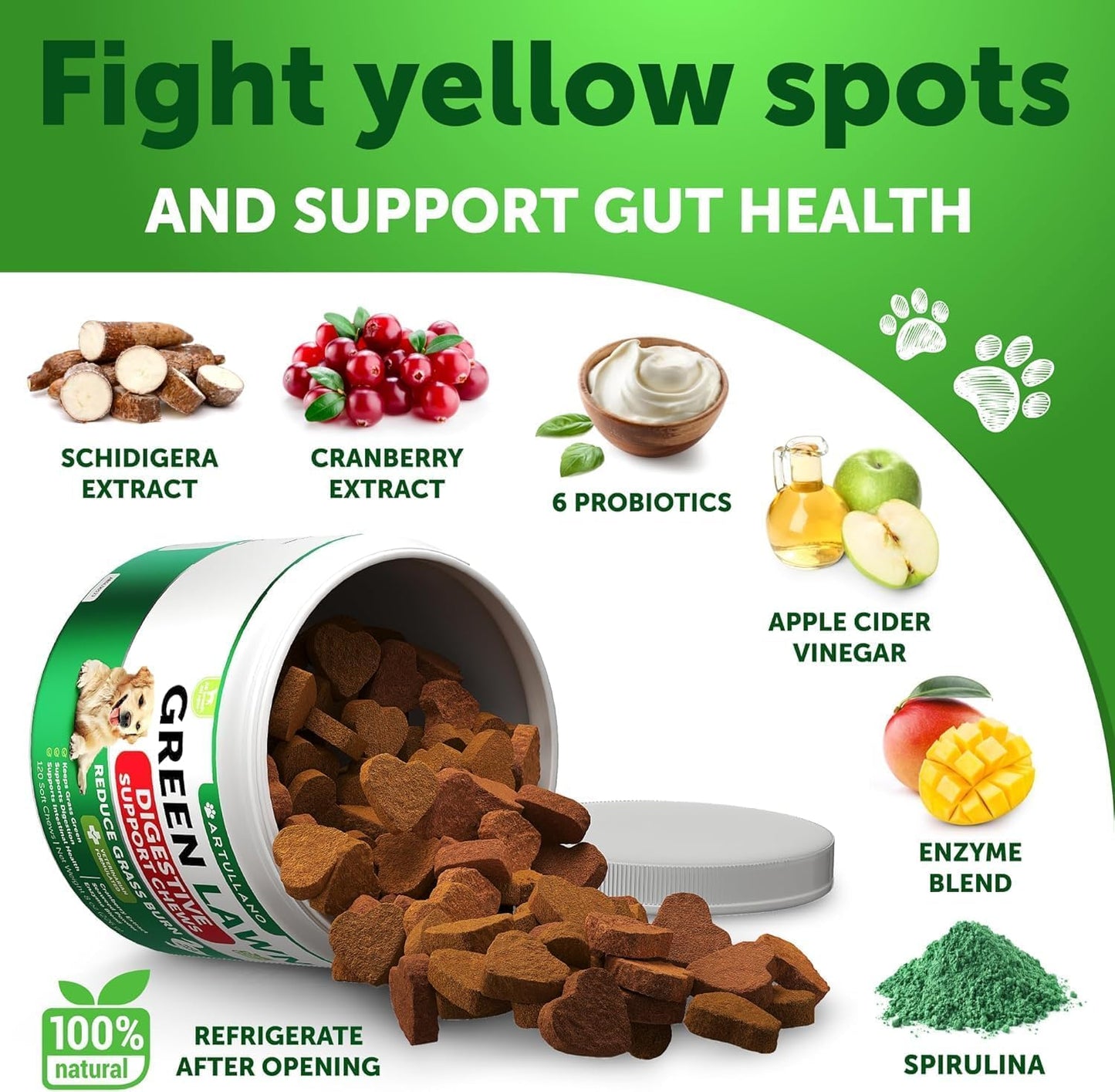 Grass Burn Spot Chews for Dogs - Pee Lawn Spot Saver Caused by Dog Urine - Grass Treatment Rocks - Urine Neutralizer for Green Lawn - Chewable Probiotics, Digestive Enzymes, DL-Methionine - 120 Treats