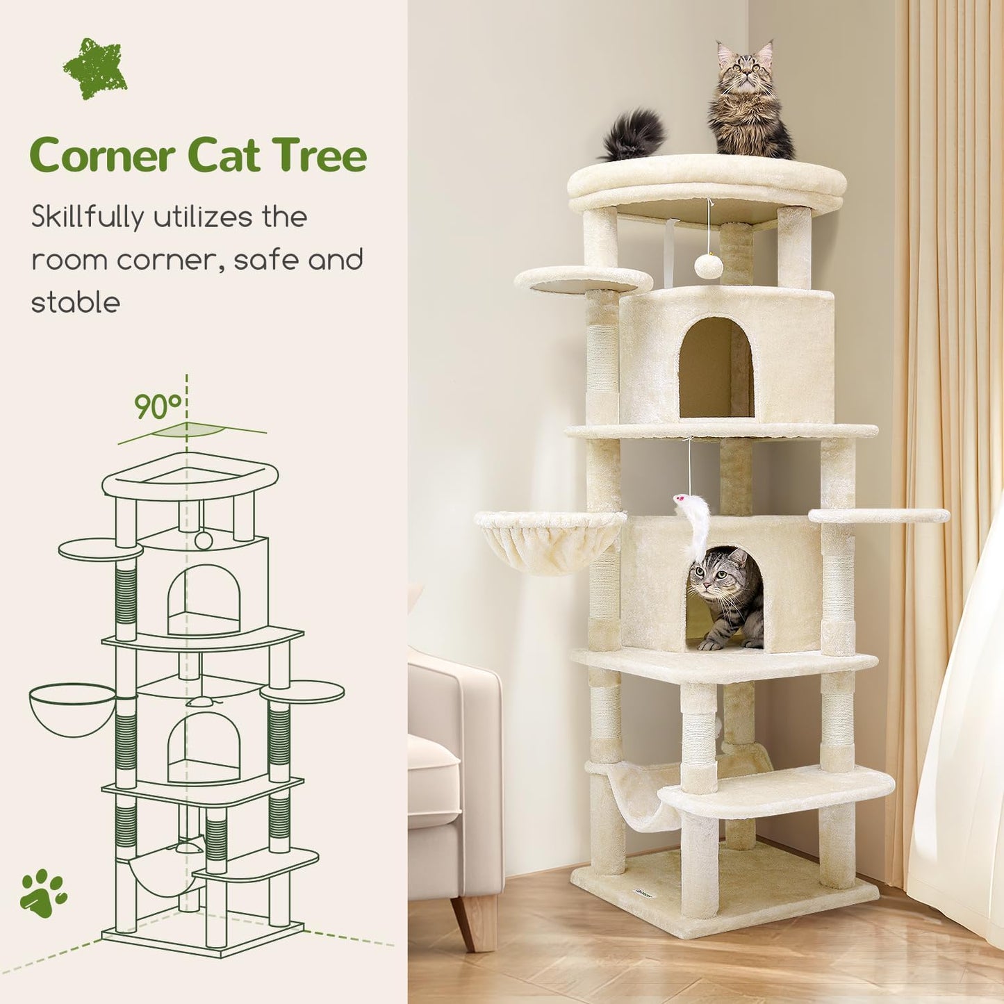 Globlazer Corner Cat Tree for Large Cats, 66inch Tall Curved Series Large Cat Tower for Multiple Indoor Cats with 6 Scratching Posts, 2 Spacious Cat Condos, Hammock, Hanging Basket, C66, Beige