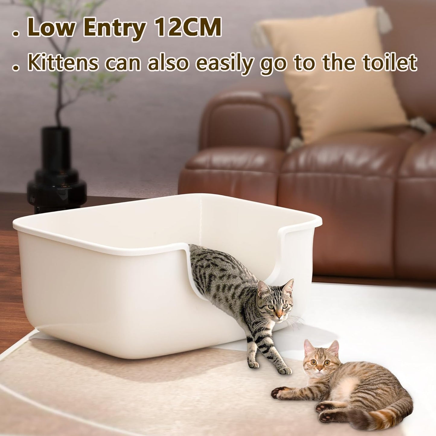 Large Cat Litter Box with High Sides, Open Kitty Litter Boxes Anti-Splashing for Indoor Cat Low Entry Cat Litter Pan for Small and Elderly Cats, Tool-Free Assembly(19.7” * 15.76” * 8.67” White)