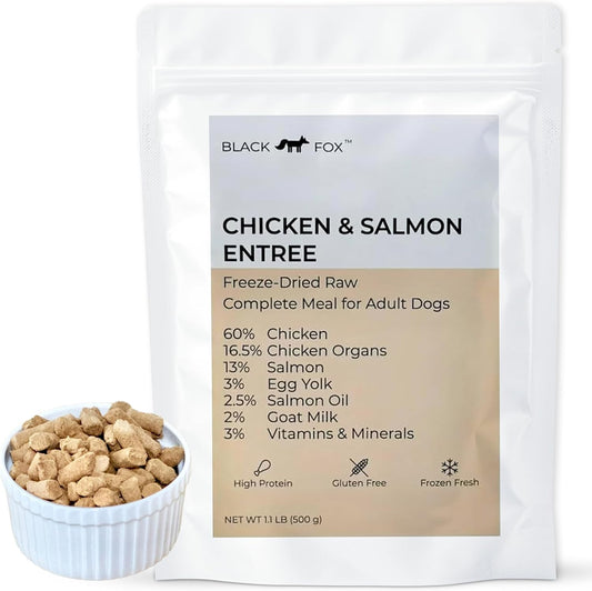 BLACK FOX Raw Freeze Dried Dog Food - Chicken & Salmon Entrée - Complete Meal - 1.1lb