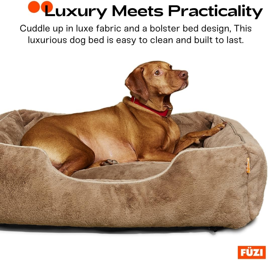 FUZI Luxury Aesthetic Dog Bed with Extra Cover for Medium Dogs, Washable Pet Couch, Pet Bed with Sides, Non-Slip Bottom, Soft & Durable Calming Bed, Faux Rabbit Fur, Medium 31.75x23.6x9.5 Light Brown