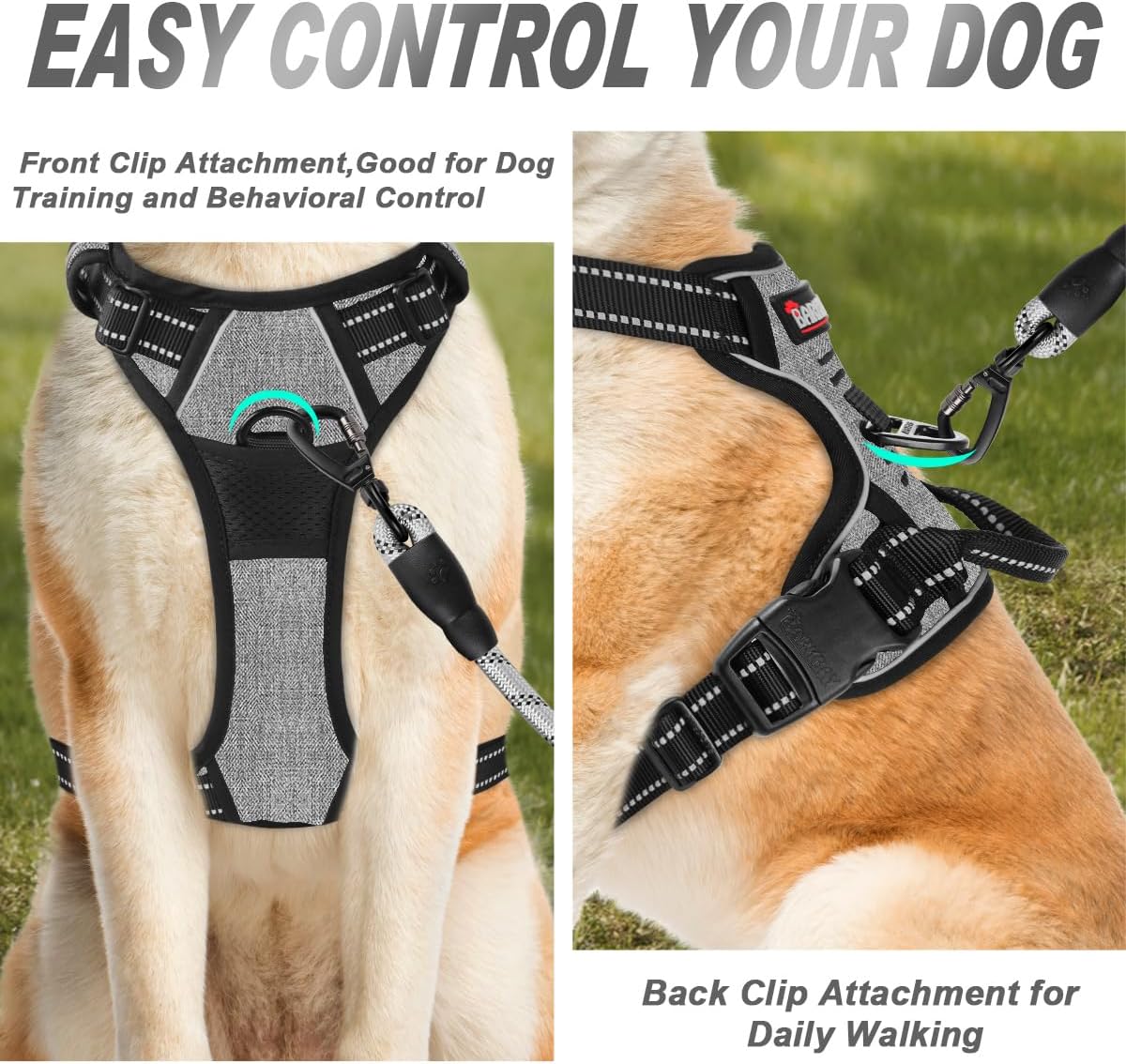 BARKBAY No Pull Dog Harness Front Clip Heavy Duty Reflective Easy Control Handle for Large Dog Walking(Dark Grey,L)