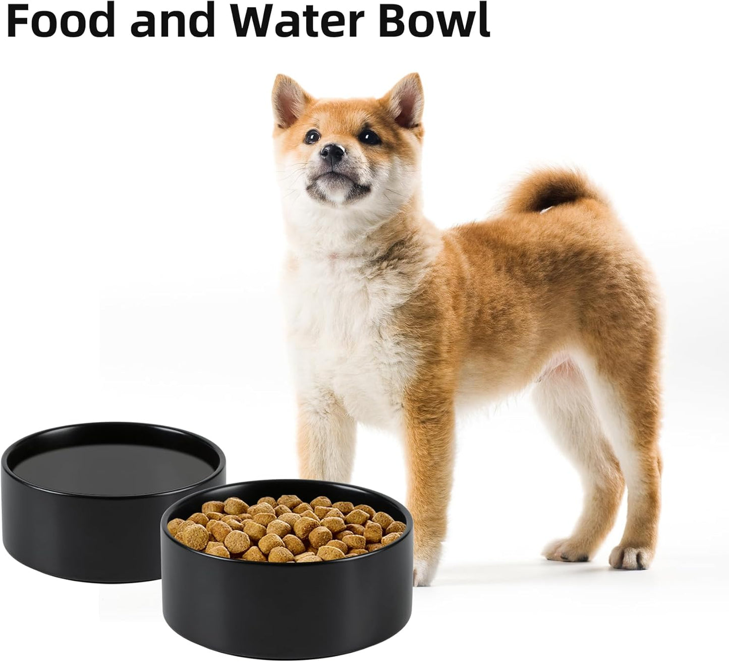 Ceramic 6.1inch Non-Slip Dog Food and Water Bowl for Small & Medium Breed Dogs,Pet Bowl for Replacement, Protects Cervical Spine (Black)