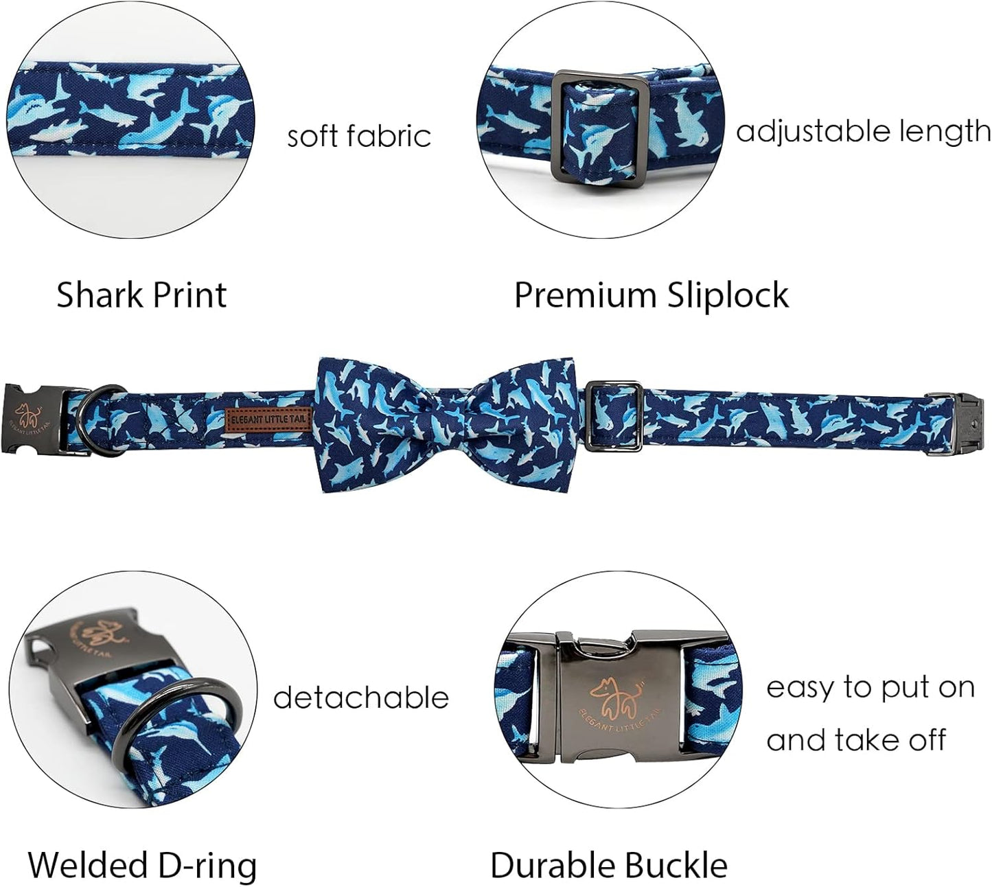 Elegant Little Tail Shark Print Adjustable Bowtie Collar for Large Dogs