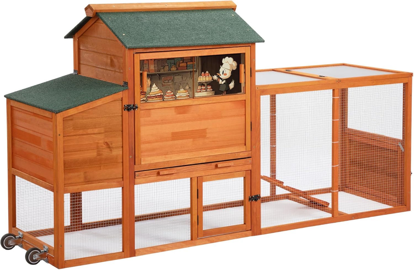COZIWOW 82" Large Wooden Chicken Coop, Outdoor Rabbit Hutch with Wheels, Sunshine Board, Asphalt Roof, Ramp, Openable Top, Door, Window, Pull-Out Tray, Indoor Bunny Cage (Orange with Pattern)