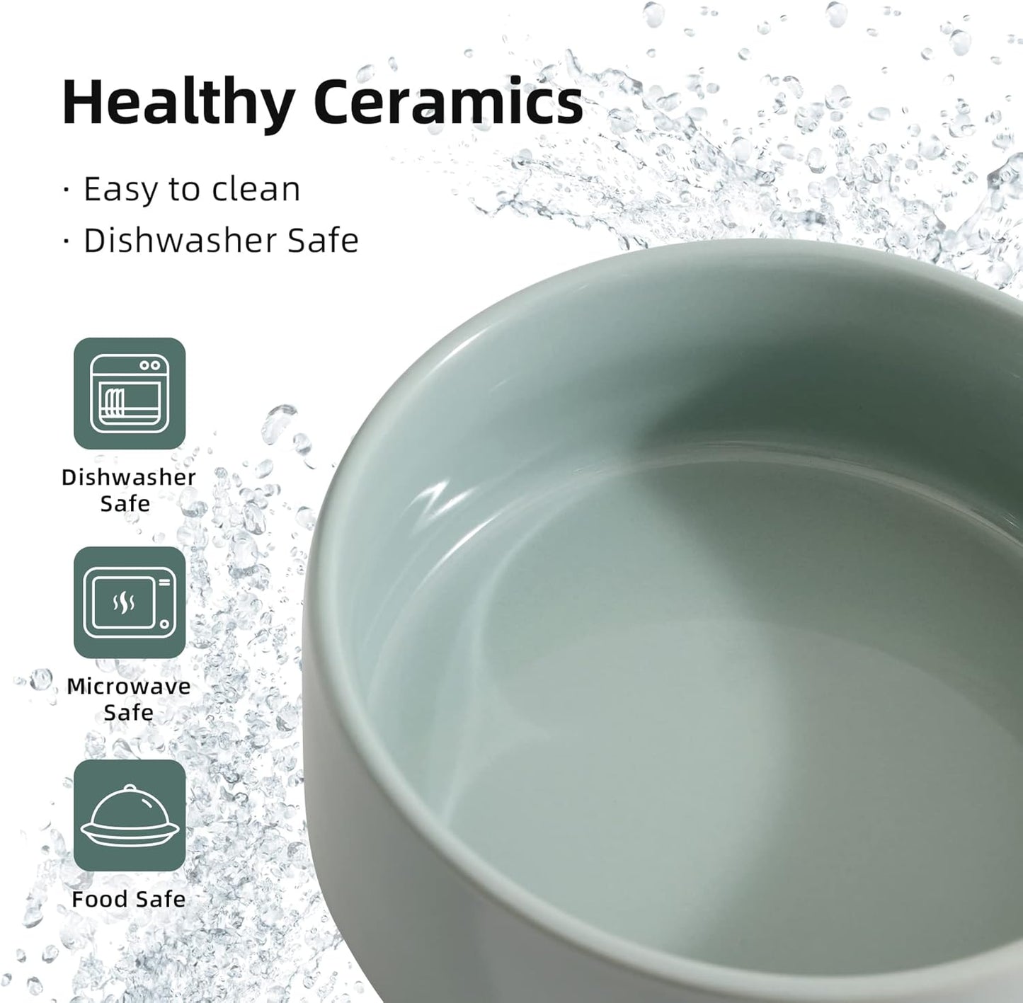 Ceramic Set of 2 Cat Bowls, Food and Water Bowls for Cats, Kitty, 2pcs Cat Dishes, Pet Feeder(5.1inch, 2 x Light Green Bowls)